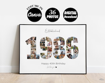 DIGITAL 1986 Photo Collage Template, 40th birthday Anniversary Print, Gift for Him