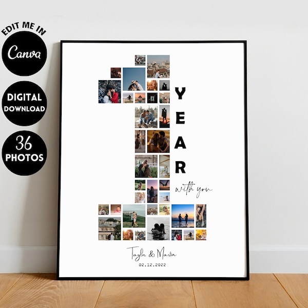 EDITIERBARE benutzerdefinierte 36 Fotos, benutzerdefinierte Collage zum 1. Jahrestag | Fotocollage | Jubiläumsgeschenk | 1-jähriges Jubiläum | Geschenk für Freund