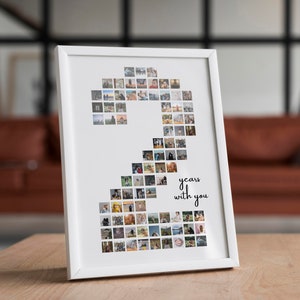 May include: A white framed photo collage in the shape of the number two, with the text "2 years with you" below the collage. The collage is made up of small square photos.