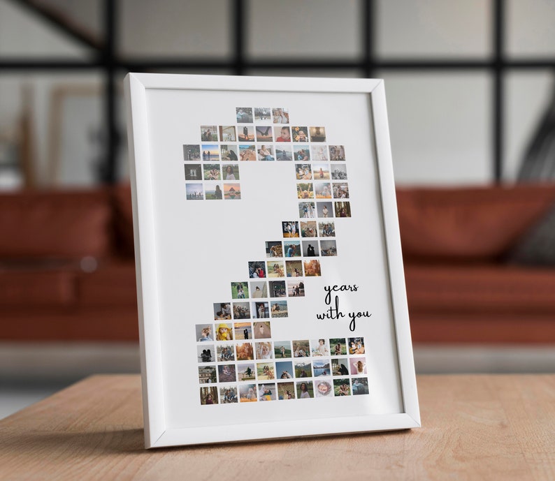 May include: A white framed photo collage in the shape of the number two, with the text "2 years with you" below the collage. The collage is made up of small square photos.