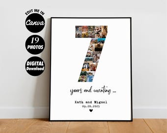 DIGITAL Benutzerdefinierte 7 Jahre Jubiläum Fotocollage, Geschenk zum 7. Jahrestag für Freund, Zahlencollage zum 7.Geburtstag
