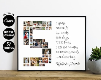 May include: A framed photo collage celebrating a 5-year anniversary. The collage is in the shape of the number 5, filled with 37 photos. Text includes the couple's names and time elapsed in years, months, weeks, days, hours, minutes, and seconds.