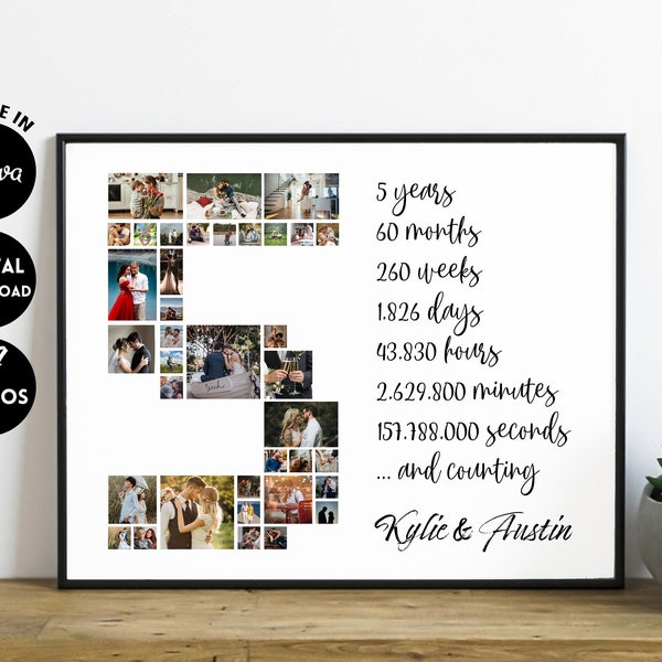 EDITABLE 37 photos, Custom 5th Anniversary Photo Collage Template, 5th Anniversary Gift for Boyfriend, 5th Birthday, Digital