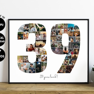 Puede incluir: Una descarga digital de un collage de fotos imprimible en forma del número 39. El collage está formado por 47 fotos e incluye el texto "¡39 años de amor!"