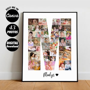 EDITABLE Letra M Nombre personalizado del bebé, Collage de fotos inicial, Decoración de la habitación de la guardería, Cartel de cumpleaños, Alfabeto M