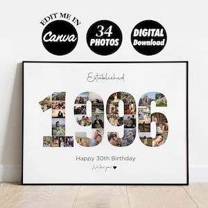 以下が含まれることがあります： 34枚の写真で構成された「1995」年が特徴の額入りフォトコラージュ。「Established」、「Happy 30th Birthday」、「We love you!」の文字も表示されています。画像には「Edit me in Canva」と「Digital Download」というテキストも含まれています。