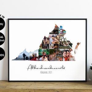 Art mural de collage photo de carte d'état de Virginie personnalisé MODIFIABLE, carte des Etats-Unis, cadeau personnalisé, décoration de Virginie, cadeau d'anniversaire