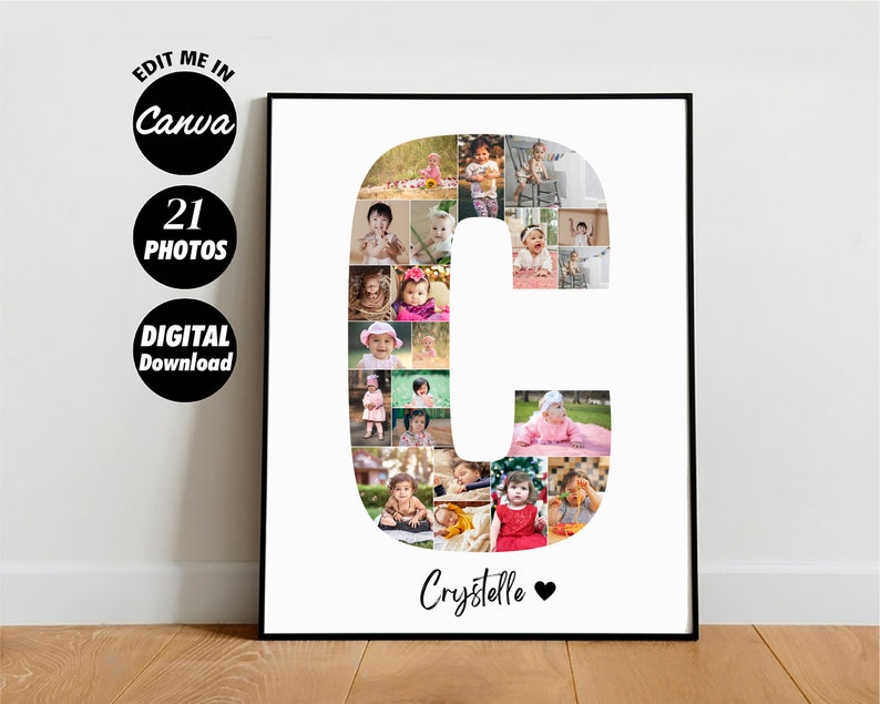 May include: A white printable poster with a collage of photos of a baby arranged in the shape of the letter C. The name "Crystalle" is written below the letter with a heart symbol.