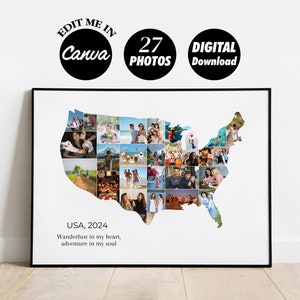 Collage de fotos de regalo personalizado de EE. UU., arte de pared con mapa de EE. UU., regalo personalizado con mapa de EE. UU., aniversario, mejor amigo, boda, mapa de fotos de viaje, DIGITAL