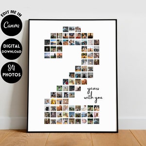 EDITABLE Custom 84 photos, Custom 2nd Anniversary Photo Collage Gift, 2nd Birthday Poster, Number Collage, 2 years anniversary