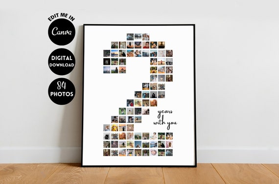 EDITABLE Custom 84 photos, Custom 2nd Anniversary Photo Collage Gift, 2nd Birthday Poster, Number Collage, 2 years anniversary