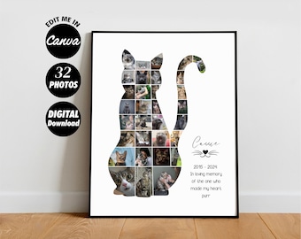 EDITABLE 32 photos, Custom Memorial Photo Collage Template Gift for Cat, Remembering Pet Cat Photo Album Poster