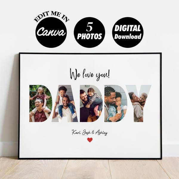 Gepersonaliseerde PAPA-fotocollagesjabloon cadeau voor papa, Vaderdag en verjaardagscadeau voor papa, bedankt, digitaal afdrukbaar