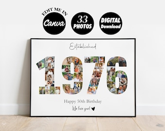 Custom 1976 Collage, 50th birthday Gift Photo collage print, Number Collage, year collage, Anniversary Poster