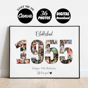 Puede incluir: Un collage de fotos enmarcado en blanco con fondo negro. El collage presenta un montaje fotográfico de una familia en forma de los números 1955. El texto "Establecido" está por encima de los números y "Feliz cumpleaños número 70 Te queremos!" está debajo de los números.
