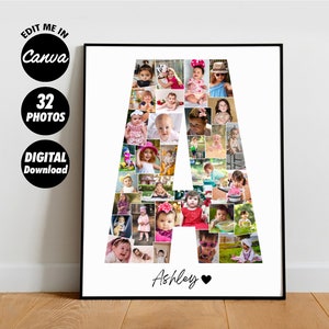 Letra A digital personalizada para nombre de bebé, collage de fotos con inicial, decoración para habitación infantil, póster para primer cumpleaños