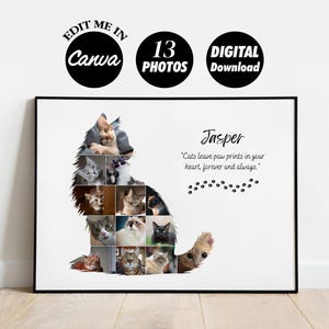 May include: A digital download of a printable cat collage featuring 13 photos. The collage is shaped like a cat and includes the text "Jasper" and "Cats leave paw prints in your heart, forever and always."