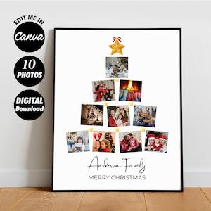 Peut inclure: Modèle de collage photo d'arbre de Noël imprimable avec 10 emplacements pour photos. Le modèle présente un fond blanc avec une étoile dorée en haut et des étoiles dorées sur chaque branche. Le texte "Anderson Family Merry Christmas" est en bas du modèle.