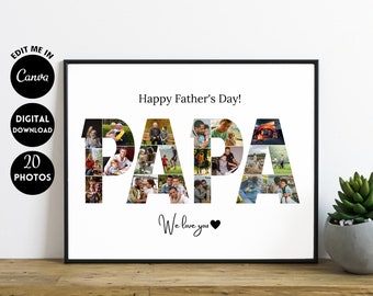 EDITABLE 20 photos, Personalized Photo Collage Template Gift for Papa, Father's Day and Birthday Present for Daddy, Digital Printable