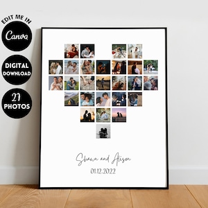 EDITABLE Custom Heart Photo collage Template, Gift for Her, Anniversary gift for boyfriend
