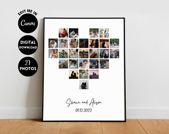 Plantilla EDITABLE de collage de fotos de corazón personalizado, regalo para ella, regalo de aniversario para novio