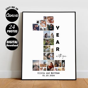 Può includere: Un poster bianco con cornice nera che presenta un collage di 24 foto disposte a forma di numero uno. Le foto sono di una coppia e il testo "1 YEAR with you" è scritto in nero. I nomi "Olivia e Matthew" e la data "01.25.2024" sono scritti sotto il collage.