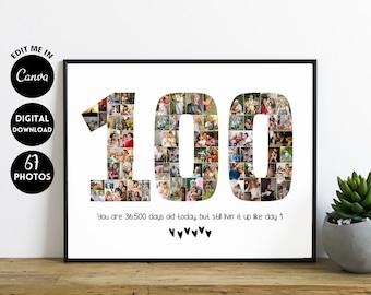 EDITABLE 67 photos, Personalized 100th Birthday Photo Collage Template Gift for Grandma and Grandpa, 100th Anniversary, Digital Printable