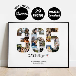 Può includere: Un download digitale stampabile di un collage fotografico di conto alla rovescia per un matrimonio. Il collage ha la forma del numero 365, con foto della coppia. Il testo "DAYS with you" è sotto il numero, seguito dai nomi della coppia e dalla data del matrimonio.
