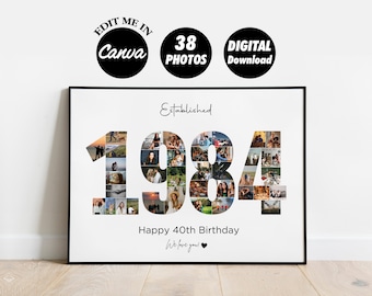EDITABLE 38 photos, Custom 1984 Collage, 40th birthday collage print, Photo Collage Template, Number Collage, DIGITAL FILE
