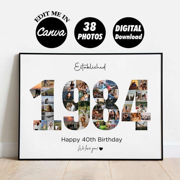 EDITABLE 38 photos, Custom 1984 Collage, 40th birthday collage print, Photo Collage Template, Number Collage, DIGITAL FILE