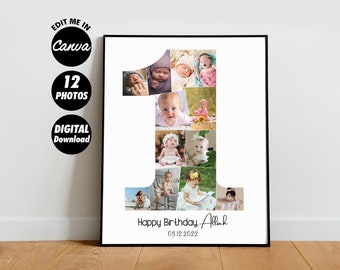 1st Birthday Photo Collage Template, 1 Year Baby Milestone Poster