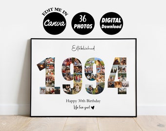 EDITABLE 36 photos Custom 1994 Collage 30th birthday Gift Template Print 30th Anniversary Photo Collage Gift for him