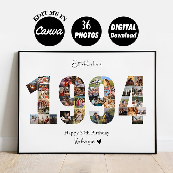 EDITABLE 36 photos Custom 1994 Collage 30th birthday Gift Template Print 30th Anniversary Photo Collage Gift for him