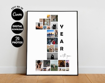 Op de afbeelding: Een zwart-wit fotocollage in de vorm van het nummer één met het woord "YEAR" en de zin "with you" eronder. De collage bestaat uit 24 foto's van een stel.