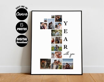 Op de afbeelding: Een witte, printbare poster met een collage van 15 foto's die in de vorm van het nummer één zijn gerangschikt. De tekst "YEAR with you" staat onder de foto's.
