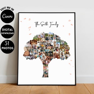 EDITABLE 51 photos, Custom Family Tree Art Print, Wall Art Canvas Family Tree Collage, Personalized Family Sign Decor, Digital