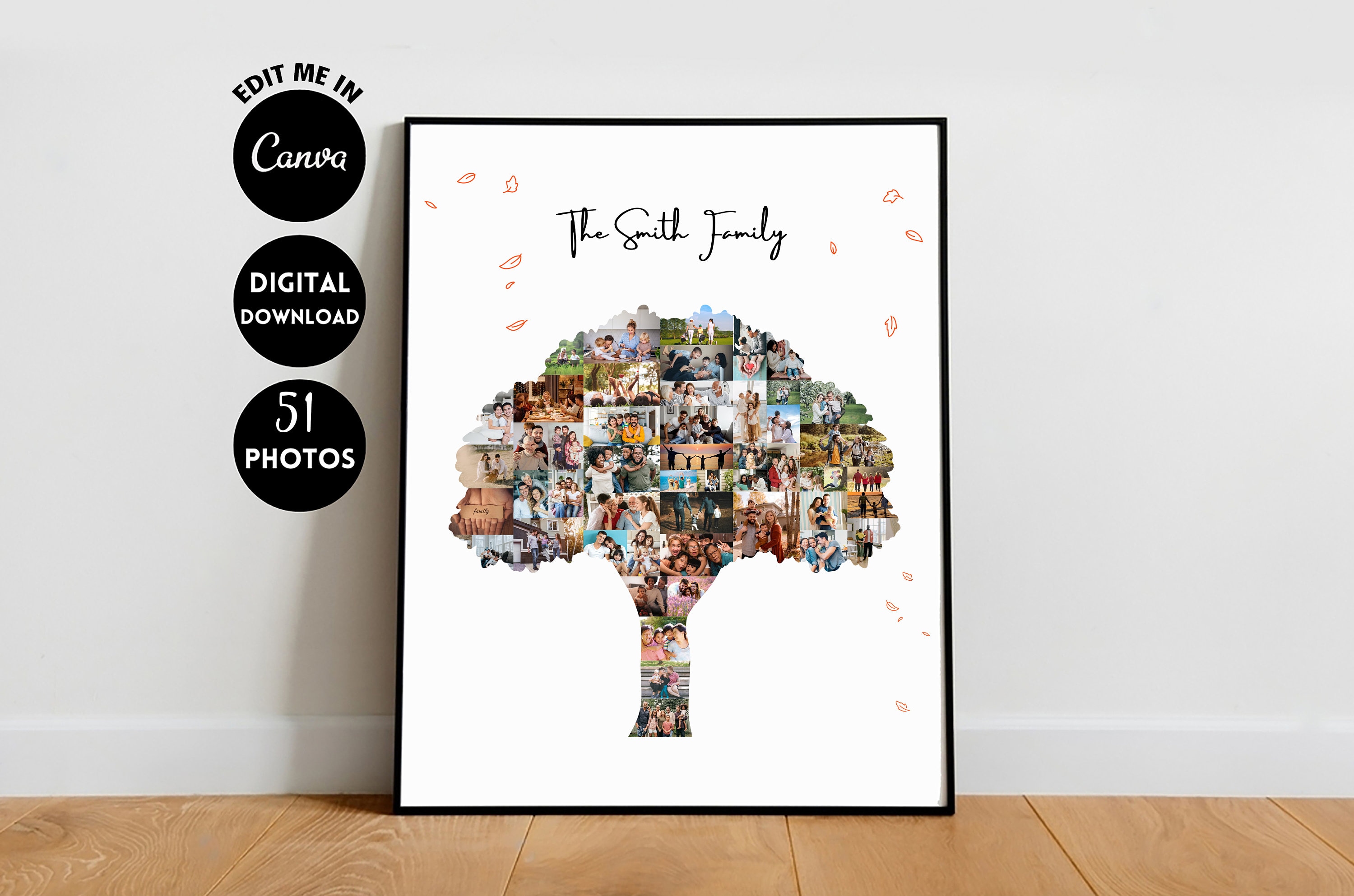 EDITABLE 51 Photos, Custom Family Tree Art Print, Wall Art Canvas ...
