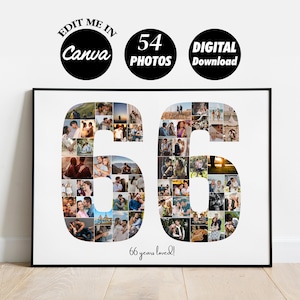 BEWERKBARE 54 foto's, gepersonaliseerde 66e verjaardag fotocollage sjabloon cadeau voor man en vrouw, 66e verjaardag, digitaal afdrukbaar