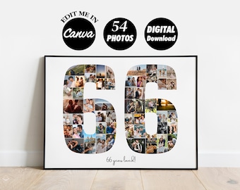 EDITABLE 54 photos, Personalized 66th Birthday Photo Collage Template Gift for Husband and Wife, 66th Anniversary, Digital Printable