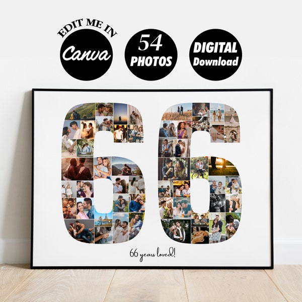 EDITABLE 54 photos, Personalized 66th Birthday Photo Collage Template Gift for Husband and Wife, 66th Anniversary, Digital Printable