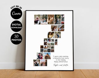 EDITIERBARE Benutzerdefinierte 7-jährige Jubiläumscollage, 7-jähriges Jubiläumsgeschenk, Fotocollagegeschenk, Zahlencollage, Jubiläumsgeschenk für Freund