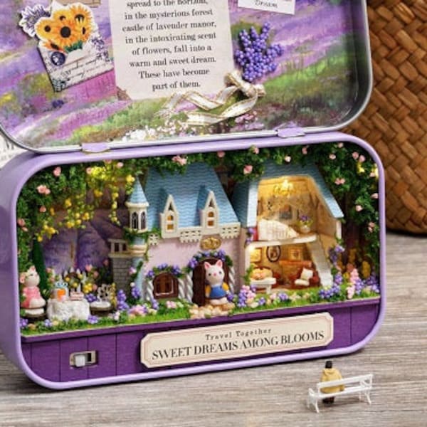 DIY Miniature Dollhouse Tin Box Sweet Dreams Among Blooms , Box Theater Miniature House Tin Kit