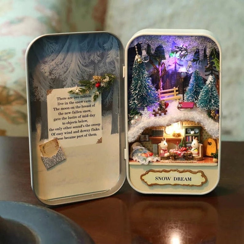 DIY Miniature Dollhouse Tin Box, Wood Dollhouse, Box Dollhouse, Theatre Snow Dream Dollhouse, Box Theater Miniature House Tin Kit 