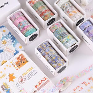 5 rollen 6 stijlen washitapes met transparante PET-bloem, washitapeset madeliefje, cadeauverpakking, dagboektape, afplaktape, pak washitape