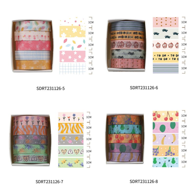 May include: Set of six rolls of decorative washi tape with various patterns, including stars, leaves, polka dots, and stripes. Each roll is 1 cm wide.