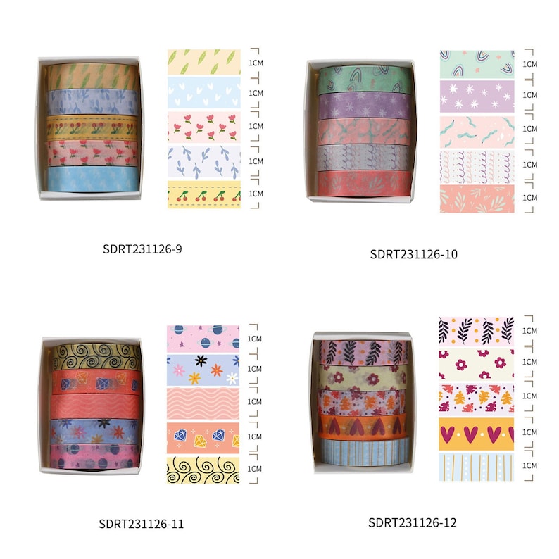 May include: Set of four packs of colorful washi tape with various patterns. Each pack contains five rolls of tape, each measuring 1 cm wide. The patterns include flowers, leaves, hearts, and geometric shapes.