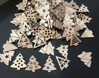 50 pcs Christmas Tree Wooden Cutout, Tree Wood Cutouts, Cartoon DIY Embellishments, Wood Hanging Ornament for Christmas Home Party Decor