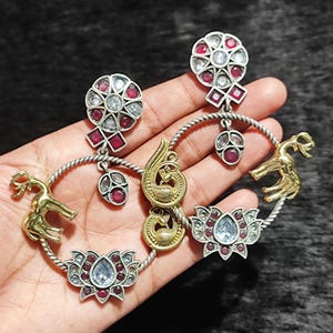 Dual Tone Oxidized Silver Earrings Flower Theme Pink & Crystal Color Stone Earrings Indian Jewelry Vintage Style Ethnic Elegance Earrings