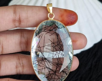 Black Rutile Quartz Pendant,  Oval Gemstone Pendant, Gold Plated Statement Jewelry, Healing Crystal Sale Gift For Her