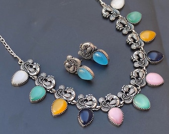 Oxidized Silver Peacock Necklace Earring Set, Ethnic Indian Jewelry